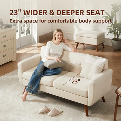 65" W Loveseat Sofa, Mid Century Modern Decor Love Seat Couches for Living Room, Button Tufted Upholstered Small Couch for Bedroom, Solid and Easy to Install Love Seats Furniture, Beige