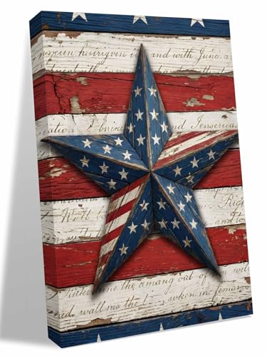 Retro USA Flag Wood Texture Canvas Wall Art Prints,30"x20" Framed Picture Artwork July 4th Red Blue White Star Stripe Printed Canvas Oil Painting for Living Room Bedroom Office,Ready to Hang