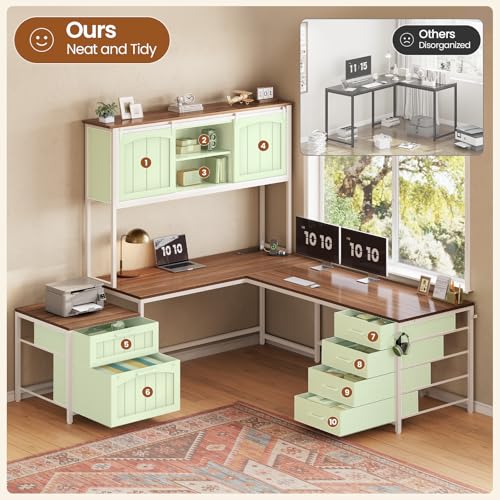 Reversible Farmhouse L Shaped Office Desk with 6 Drawer, Hutch, view 4
