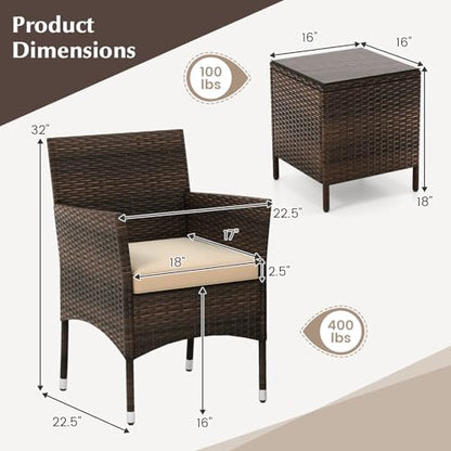 3 Piece Patio Furniture Set, Outdoor Wicker Patio Chairs with Soft Cushions & Tempered Glass Top Table, PE Rattan Bistro Set for Porch, Garden, Balcony (Beige)