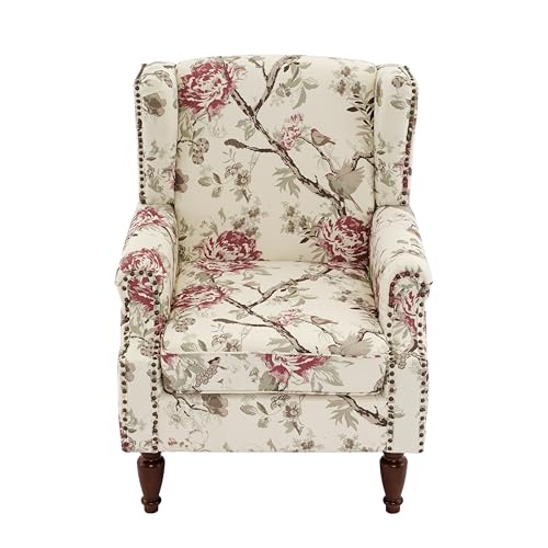 High Back Floral Accent Chair - Retro Wingback Upholstered Armchair with Nailhead Trim, Solid Wood Legs, Fabric Living Room Bedroom Reading Chair (Flower Beige)