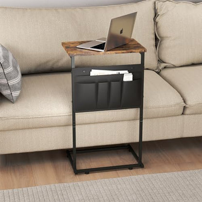 C Shaped End Table, Small Side Table with Storage Bag for Couch, Sofa Table with Metal Frame for Living Room and Bedroom Bedside, Rustic Brown ZER-007Br