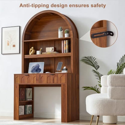 Arched Office Desk with Hutch, Walnut, Desktop 39.4" Wx 19.7" D, view 6