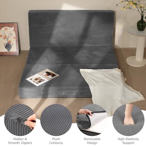 6-Inch Tri-Folding Mattress Queen Size - Foldable Futon Sofa Bed with Removable Washable Cover, Folding Futon Mattress | Non-Slip Bottom & Carry Handles for Guest, Camping, Dorm