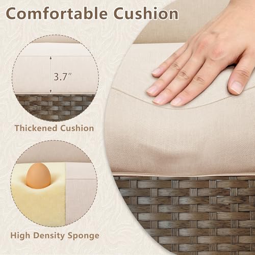 7 Piece Outdoor Patio Furniture Set, Rattan Chairs Glass Table Wicker Conversation Seating Sectional Sofa with Cushions (Brown-Beige, 7Pcs-2 Layer Coffee Table)
