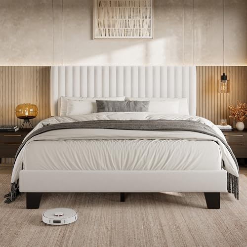Queen Velvet Bed Frame with Solid Wood Slats White, view 4