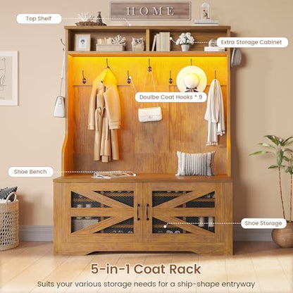 Hall Tree with Bench and Shoe Storage, 5-in-1 Entryway Bench with Coat Rack, view 4
