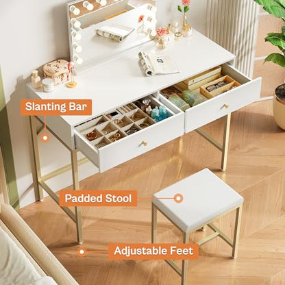 35.4" White and Gold Desk with 2 Drawers, Modern Makeup Vanity, view 7