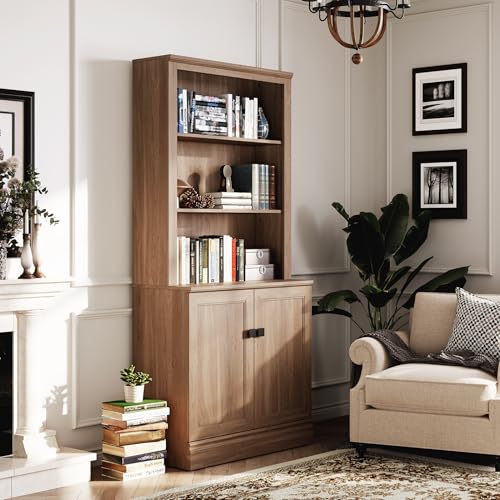 72 in Tall Bookshelf 5 Tier Bookcase with Adjustable Shelves, Oak Book Shelf with Storage Cabinet, Wood Freestanding Display Bookshelves for Home Office，Bedroom, Living Room
