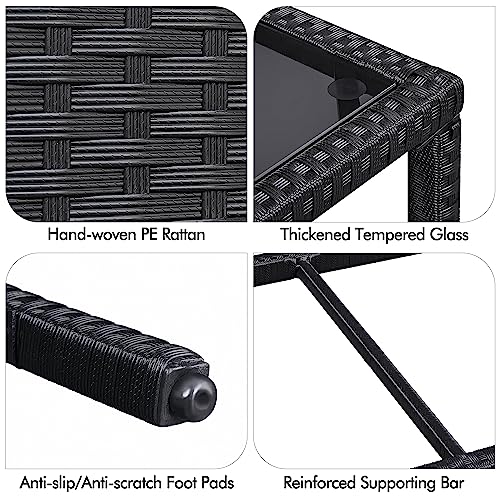 Yaheetech Outdoor Wicker Coffee Side Table with Tempered Glass Top, Black | All-Weather Rattan Patio Storage Furniture for Garden