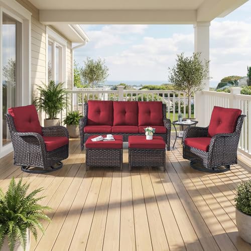 6 Piece Patio Furniture Set with Ottoman - All Weather Patio Conversation Set with 4 Inch Thick Cushions and Deep Seating Swivel Glider Chairs & Outdoor Couch for Porch Deck Yard Pool