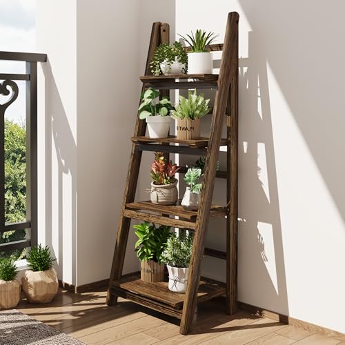 Ladder Shelf 4-Tier Foldable Solid Wood Bookshelf Plant Stand, view 3