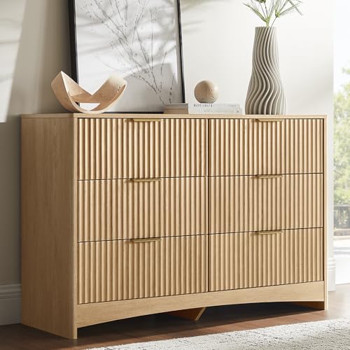 Amada Fluted 6 Drawer Dresser, Modern Wood Chest of Drawers, Natural Oak, view 2