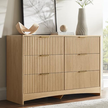 Amada Fluted 6 Drawer Dresser, Modern Wood Chest of Drawers, Natural Oak, view 2