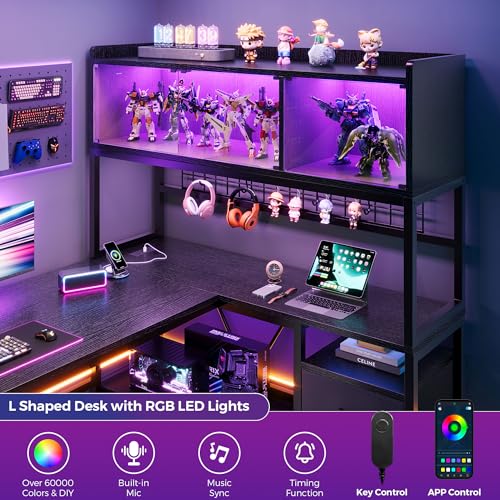 L Shaped Gaming Desk with Fabric Drawers and Power Outlet, Corner Computer Desk with LED-Lit Tempered Glass Display Cabinet, L Shaped Office Desk with Storage,PC Desk for Gaming and Home Office, Black