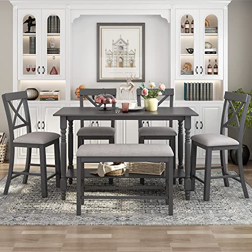 Farmhouse Style 6-Pieces Counter Height Dining Table Set with 4 Upholstered Chair, Storage Shelf and Upholstered Bench, Wood Kitchen Dining Table Set for 6 Person (Gray, Bottom Shelf)