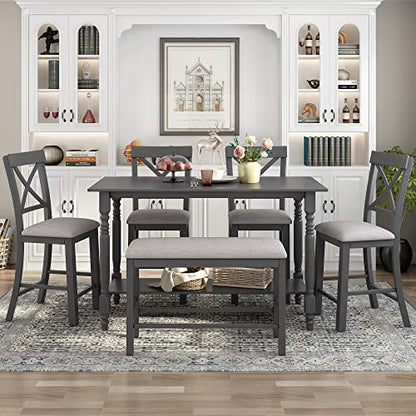 Farmhouse Style 6-Pieces Counter Height Dining Table Set with 4 Upholstered Chair, Storage Shelf and Upholstered Bench, Wood Kitchen Dining Table Set for 6 Person (Gray, Bottom Shelf)