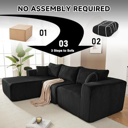 97" Boneless Couches for Living Room, Cloud Couch Sectional with Deep Seat, Comfy Couch with L-Shaped Chaise, Minimalist Upholstered Modular Sectional Sofa, No Assembly Required (Corduroy,Black)