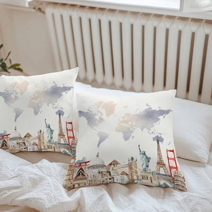 World Map Waterproof Outdoor Pillow Covers Set of 2 Home Decor, Famous Building Tourism Landscape Pillowcase Patio Pillow Covers for Couch Bench Patio Furniture Garden 26x26in