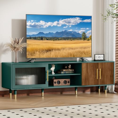 TV Stand with Glass Sliding Door, Mid Century Modern TV Cabinet, view 2