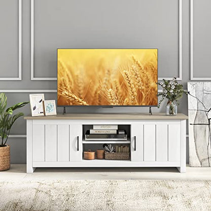 2 Doors TV Stand for TVs up to 65”, 57” Media Console Table w/ 2 Cabinets & Open Shelves, 2 Cable Management Holes. Wood Entertainment Center Cabinet for Living Room (White Oak)