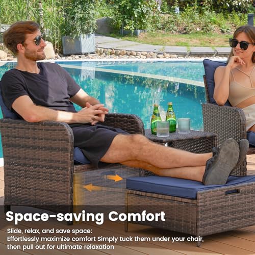 Balcony Furniture Patio Chairs with Hidden Ottoman 5 Piece Patio Furniture Set with Side Table for Front Porch, Blue Cushion