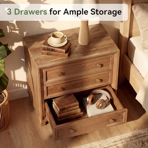 Solid Wood Nightstand with 3 Drawers Set of 2, 31.5” Wide Bedside Table with Round Wooden Knobs & Low-Profile Legs for Stability, Mid-Century Modern Night Table for Bedroom, Easy Assembly