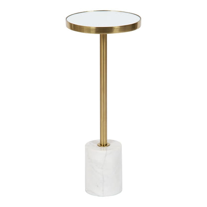 Hescott Modern Mirrored Drink Table; 10 x 10 x 24; White Marble and Gold; Glam Round Accent Table with Premium Marble Base and Mirror Tabletop