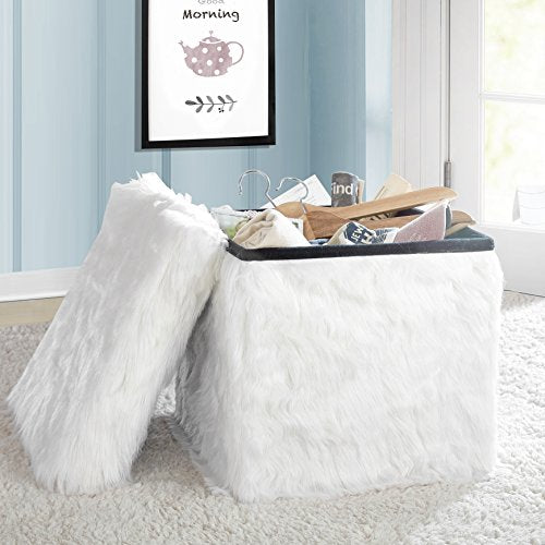 Mongolian Fur Collapsible Storage Ottoman 15 Inch Square Soft White Modern Multipurpose Footrest Bench Living Room Furniture Accent Décor