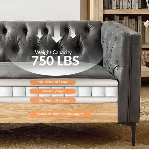 84" W Faux Leather Sofa Couch with Metal Legs, Button-Tufted 3-Seater Sofa, Mid Century Modern Contemporary Upholstered Couch for Living Room, Entertainment Area, Apartment,Grey