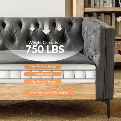 84" W Faux Leather Sofa Couch with Metal Legs, Button-Tufted 3-Seater Sofa, Mid Century Modern Contemporary Upholstered Couch for Living Room, Entertainment Area, Apartment,Grey