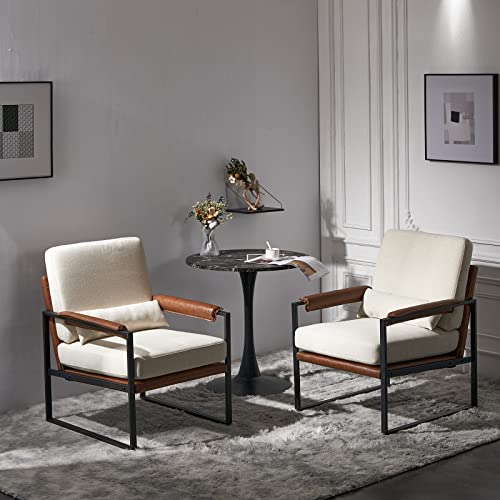 Mid-Century Accent Chair, Padded Arms, Beige | Metal Frame, Linen Fabric, Thick Cushions, Lumbar Pillow Included, Lounge Chair for Living Room, Bedroom, Balcony, Study
