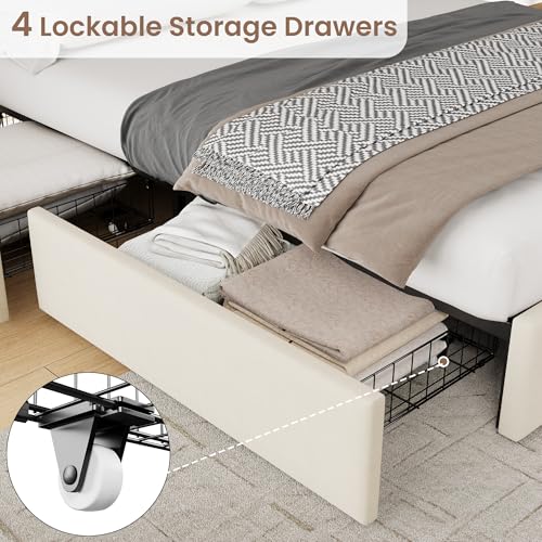 Queen Size Bed Frame, Velvet Upholstered Storage Bed with 4 Drawers, Adjustable Headboard, Modern Bedroom Furniture, Beige