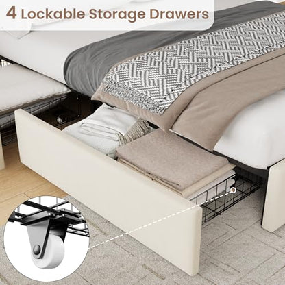 Queen Size Bed Frame, Velvet Upholstered Storage Bed with 4 Drawers, Adjustable Headboard, Modern Bedroom Furniture, Beige