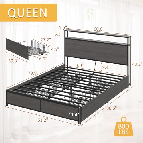 Metal Platform Bed with Storage and Charging Station, Rustic Grey, view 3