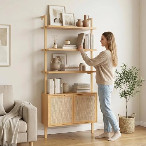 71in Rattan Ladder Bookshelf - 31.5in Wide Book Shelf with Storage, 6-Tier Bookcase with Doors for Living Room,Bookshelf with Cabinet, Oak