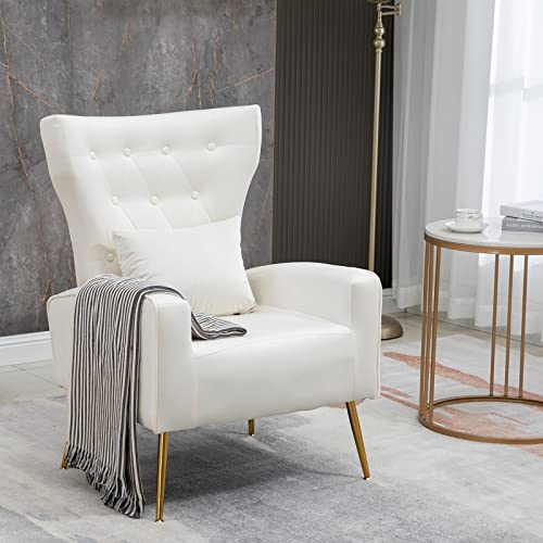 Button-Tufted Living Room Chairs, WingBack Velvet Accent Chair Armchair with Lumbar Pillow, Bedroom Chairs Arm Chair with Golden Legs, Cream