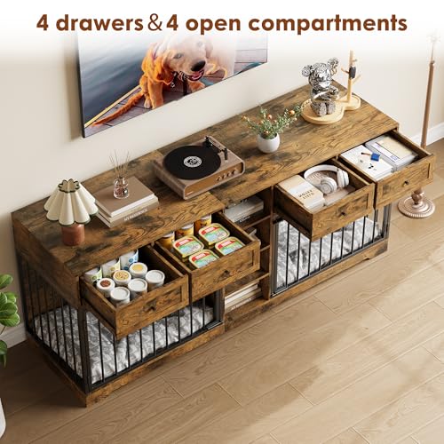 82" Double Dog Crate Furniture with Drawers and Shelves, Brown, view 6