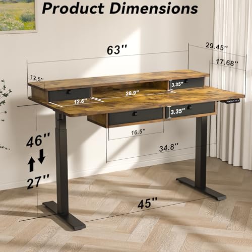 Adjustable Height Standing Desk with 4 Drawers,63 x 30 inches Electric Sit Stand Home Office Desk with Two Tiers, 3 Memory Presets, Monitor Stand Riser, USB A/C Charging Port