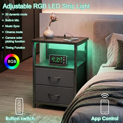 Night Stand with Charging Station, LED Nightstand with U-S-B Ports and Outlets for Small Spaces, 2 Fabric Storage Drawers, Bedside Table End Tables Bedroom Decor, Modern Black