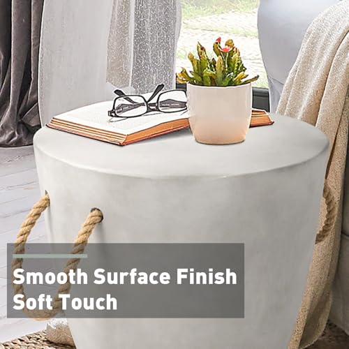 Outdoor Side Table Concrete Side Table, 17" H Small Outdoor Side Table End Table for Patio w Hemp Rope, Ceramic Round Coffee Table Accent Table Garden Outdoor Plant Stands