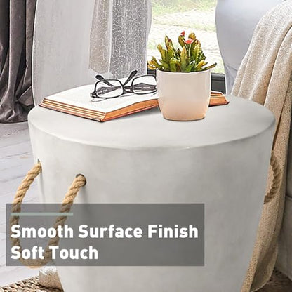 Outdoor Side Table Concrete Side Table, 17" H Small Outdoor Side Table End Table for Patio w Hemp Rope, Ceramic Round Coffee Table Accent Table Garden Outdoor Plant Stands