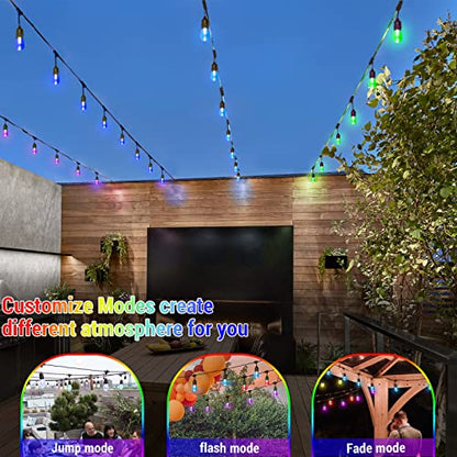 48FT Solar Outdoor RGB String Lights, 15+3 Waterproof Shatterproof LED Bulbs Dimmable Patio String Lights with Remote, Commercial Solar String Light for Patio Yard