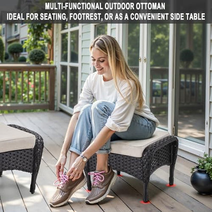 Outdoor Ottomans for Patio Foot Rest - 25 Inch PE Wicker Foot Stool Set of 2 with Removable Cushions for Patio Furniture Sets,All Weather Rattan Ottoman for Balcony Backyard Black/Beige