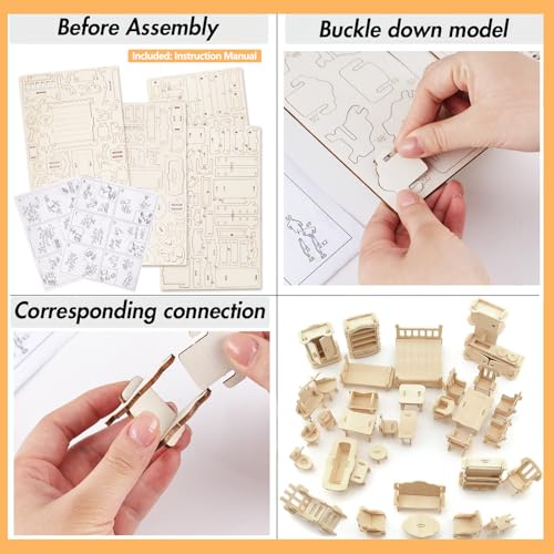 34 PCS DIY Wooden Dollhouse Furniture Set, 1:20 Scale Miniature Room Accessories for Kitchen Living Room Bathroom for DIY Crafts Project