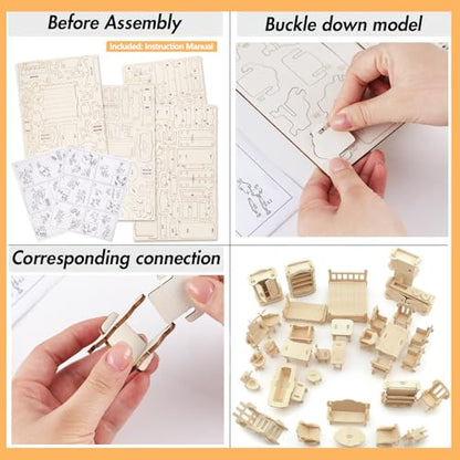 34 PCS DIY Wooden Dollhouse Furniture Set, 1:20 Scale Miniature Room Accessories for Kitchen Living Room Bathroom for DIY Crafts Project