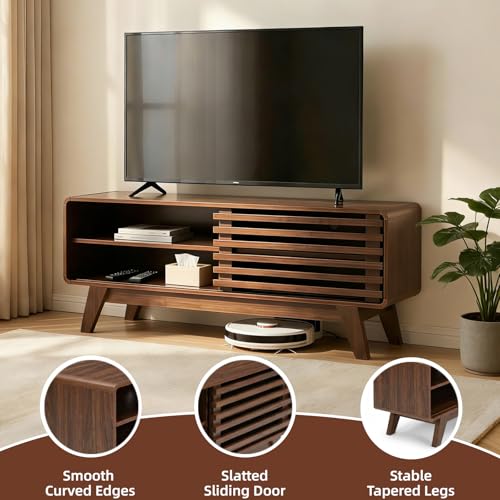 46" Mid-Century Modern TV Stand with Slatted Sliding Doors, view 4