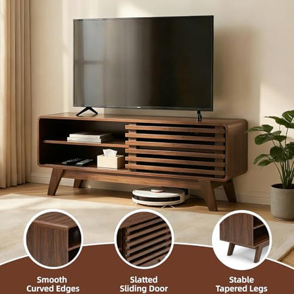 46" Mid-Century Modern TV Stand with Slatted Sliding Doors, view 4