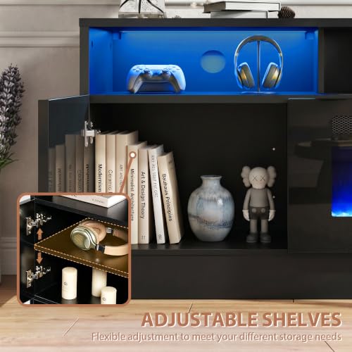78" Fireplace TV Stand with Power Outlet for TVs UP to 90", Electric Fireplace Entertainment Center with LED Lights & Storage Cabinets, TV Console for Living Room, Office, Black-Black