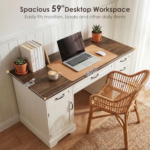 Farmhouse 59 Inch Executive Desk with Drawers, Walnut+White, view 5